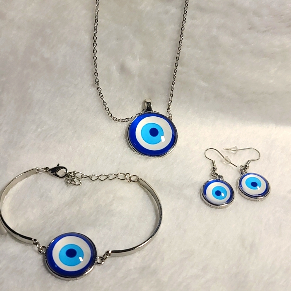 Evil Eye 4 pc Jewelry set, silvertone with acrylic accent design NWT